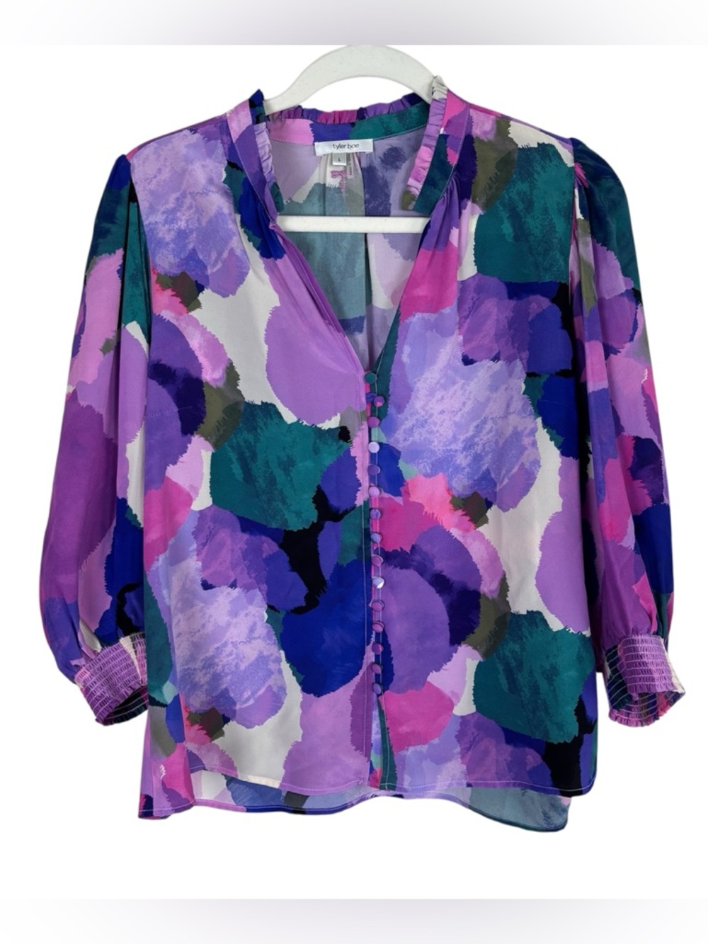 Tyler Boe Krista 100% Silk Watercolor Blouse Women’s Size Large 3/4 Sleeve